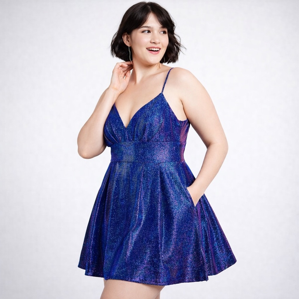 B Darlin Blue Purple Metallic Shimmer Fit & Flare Dress — Size 13